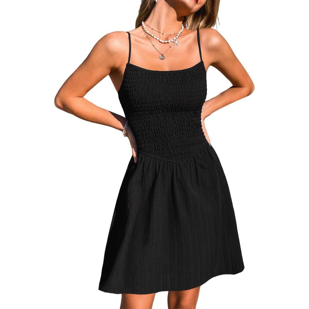 imageCUPSHE Womens Cami Summer Dresses Sleeveless Smocked Casual Beach Vacation A Line Party Cocktail SundressBlack