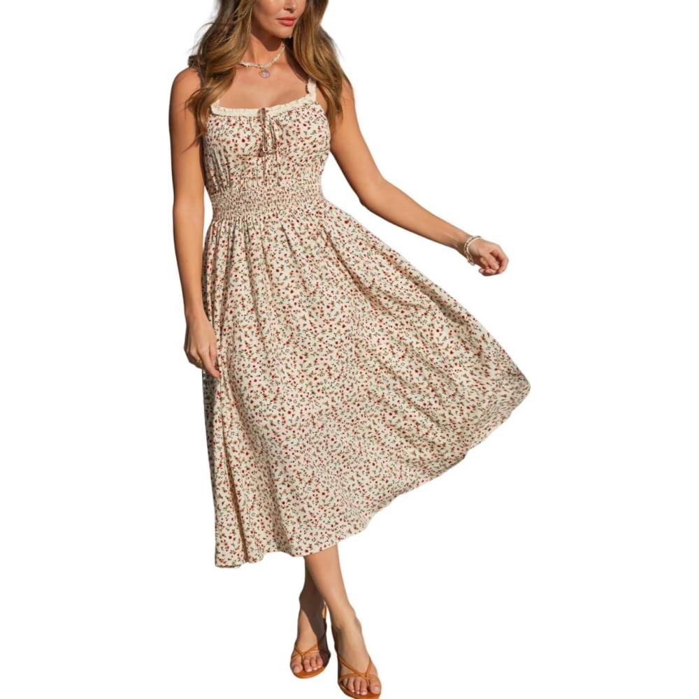 imageCUPSHE Womens Summer Dresses Disty Floral Cottage Sleeveless Smocked Countryside Maxi DressBeige
