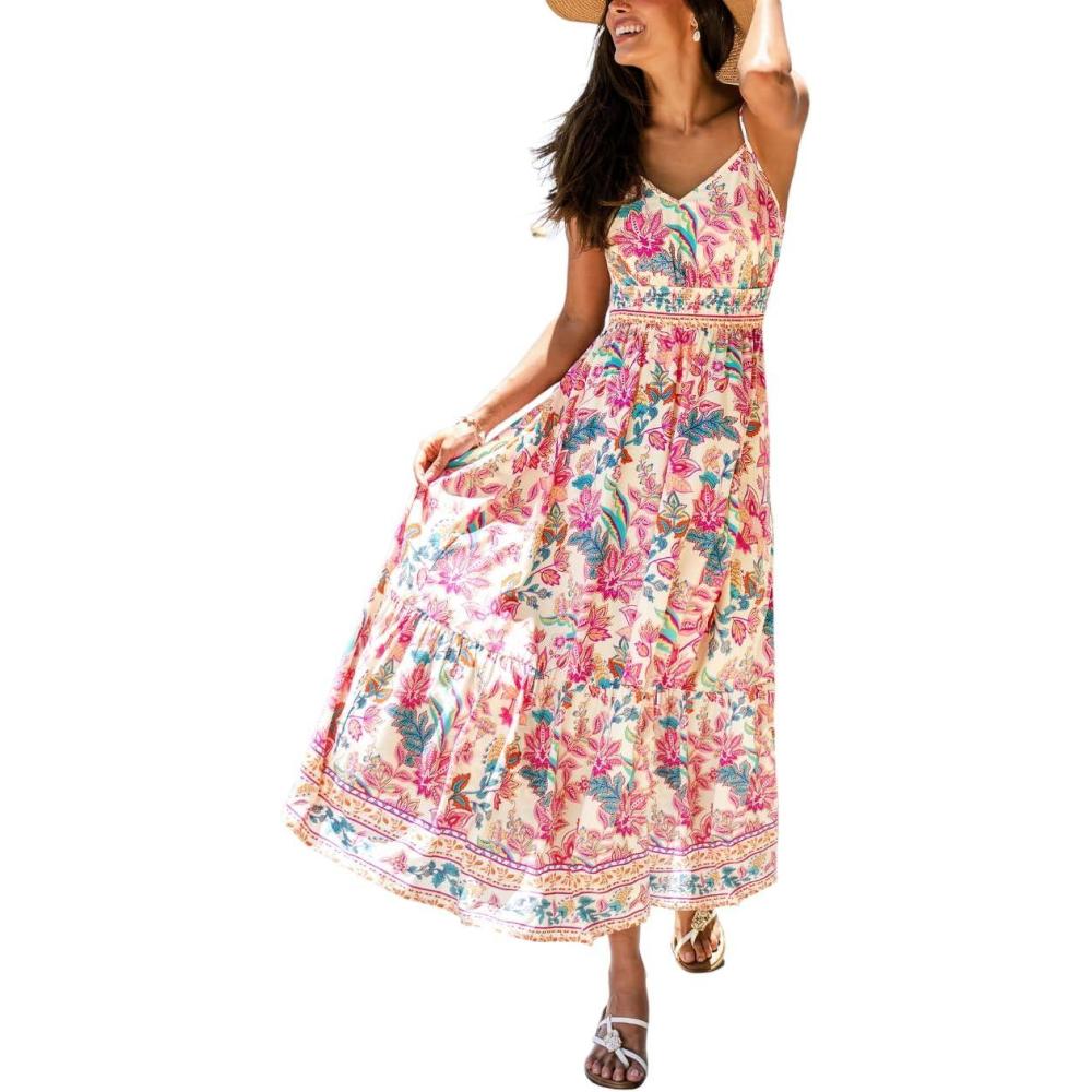 imageCUPSHE Womens Summer Dresses Floral Adjustable Spaghetti Strap V Neck Smocked Beach Vacation Flowy Maxi DressPink