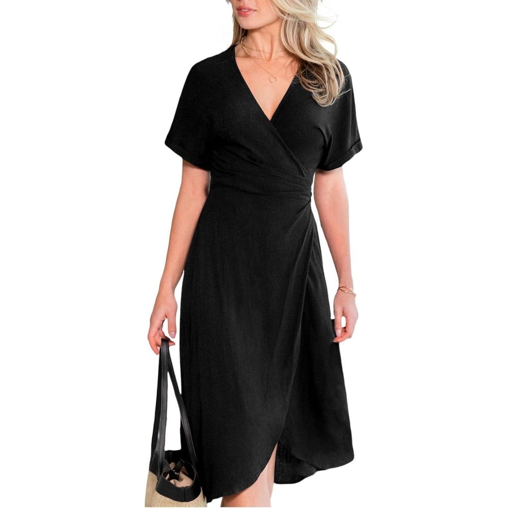 imageCUPSHE Womens Summer Dresses Short Sleeve V Neck Wrap Vacation Beach Casual Maxi DressBlack