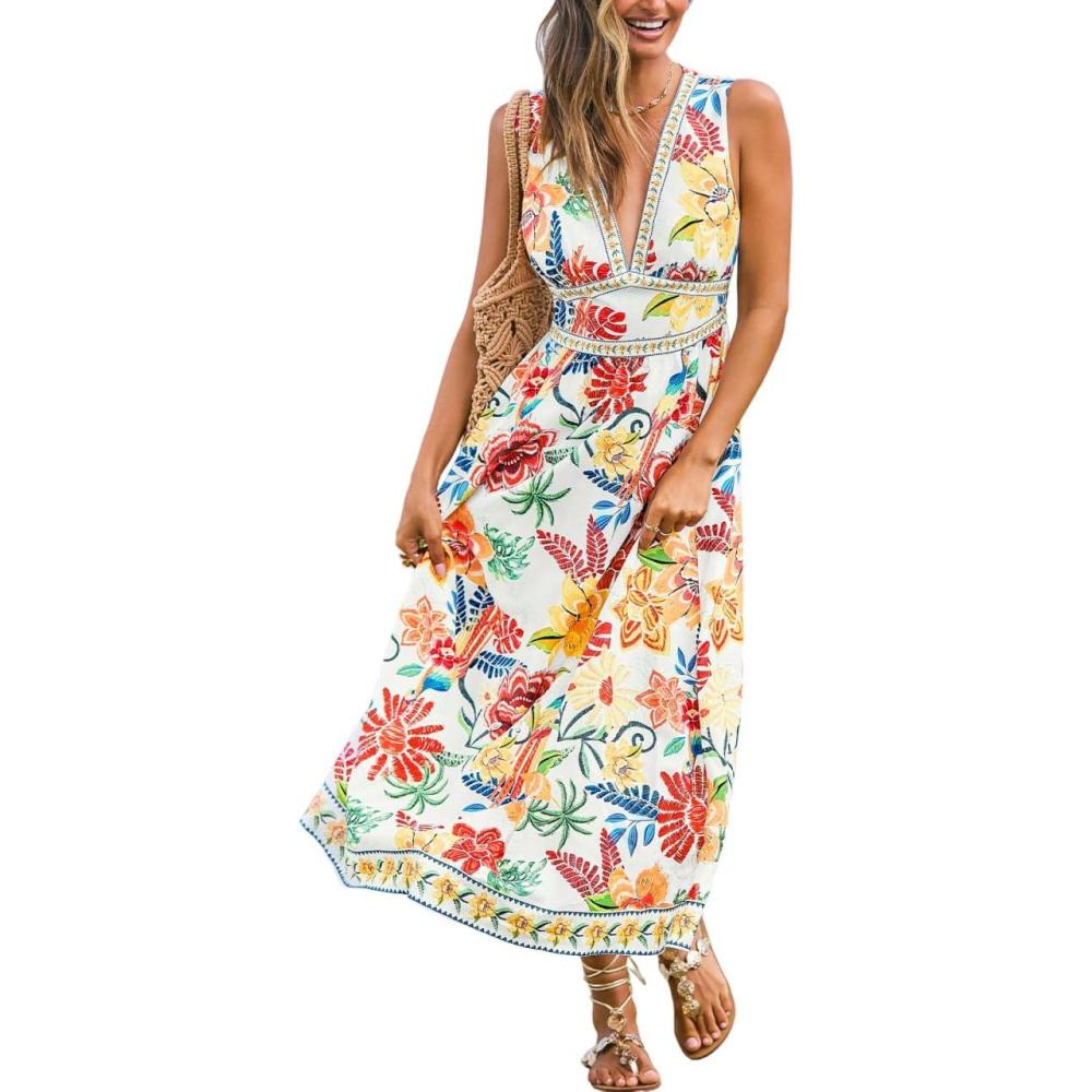 imageCUPSHE Womens Summer Dresses Tropical Floral Plunging V Neck Sleeveless Flowy Beach Vacation Maxi DressRed Floral