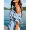 CUPSHE Women Off Shoulder Summer Dress Striped Drawstring Sleeve Smocked Waist Mini Dress Casual Beach Vacation Sundress(Light Blue)