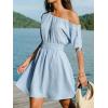 CUPSHE Women Off Shoulder Summer Dress Striped Drawstring Sleeve Smocked Waist Mini Dress Casual Beach Vacation Sundress(Light Blue)