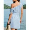 CUPSHE Women Off Shoulder Summer Dress Striped Drawstring Sleeve Smocked Waist Mini Dress Casual Beach Vacation Sundress(Light Blue)