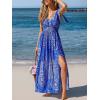 CUPSHE Women Summer Beach Maxi Dress Plunge V Backless Smocked Waist Side Slit Sun Dress Casual Vacation Long Dress(Blue Paisley)