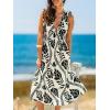 CUPSHE Women Summer Dress Plunging Neck Shoulder Tie Beach Vacation Maxi Dress Sleeveless Elastic Waist Casual Sun Dress(Black White Tropical)