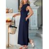 CUPSHE Women Summer Dress Round Neck Sleeveless Beach Vacation Maxi Dress Side Slit Casual Midi Sun Dress with Pockets(Navy Blue)