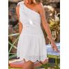 CUPSHE Women’s Summer Dresses Asymmetrical Neck Sleeveless Ruffle Hem Double Layer Eyelet Casual Mini Dress(White)