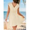 CUPSHE Women’s Summer Dresses Boho V Neck Sleeveless Textured A Line Smocked Swing Beach Mini Dress(Beige)