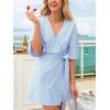 CUPSHE Women’s Summer Dresses Striped V Neck Short Sleeve Kimono Wrap Tie Front Mini Dress(Blue)