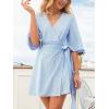 CUPSHE Women’s Summer Dresses Striped V Neck Short Sleeve Kimono Wrap Tie Front Mini Dress(Blue)