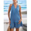 CUPSHE Womens Summer Dresses V Neck Sleeveless Striped Button Up Mini Casual Coverup Dress(Blue Lace)