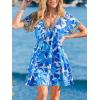 CUPSHE Women’s Summer Floral Mini Sundress Boho Embroidered Plugging V Neck Short Sleeve Dress Beach Vacation Flowy Dresses(Blue)