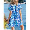 CUPSHE Women’s Summer Floral Mini Sundress Boho Embroidered Plugging V Neck Short Sleeve Dress Beach Vacation Flowy Dresses(Blue)
