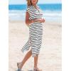 CUPSHE Women’s Summer Striped Midi Sundress Short Sleeve V Neck Split Dress Casual Beach Tunic Long Dresses(Black White)