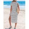 CUPSHE Women’s Summer Striped Midi Sundress Short Sleeve V Neck Split Dress Casual Beach Tunic Long Dresses(Black White)