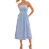 CUPSHE Women Striped Long Summer Dress Square Neck Spaghetti Strap Smocked Beach Vacation Midi Sun Dress with Pockets(Blue Striped)