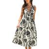 CUPSHE Women Summer Dress Plunging Neck Shoulder Tie Beach Vacation Maxi Dress Sleeveless Elastic Waist Casual Sun Dress(Black White Tropical)