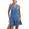 CUPSHE Womens Summer Dresses V Neck Sleeveless Striped Button Up Mini Casual Coverup Dress(Blue Lace)