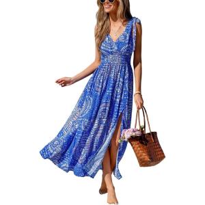 CUPSHE Women Summer Beach Maxi Dress Plunge V Backless Smocked Waist Side Slit Sun Dress Casual Vacation Long Dress(Blue Paisley)