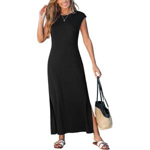 CUPSHE Women Summer Dress Round Neck Sleeveless Beach Vacation Maxi Dress Side Slit Casual Midi Sun Dress with Pockets(Black)
