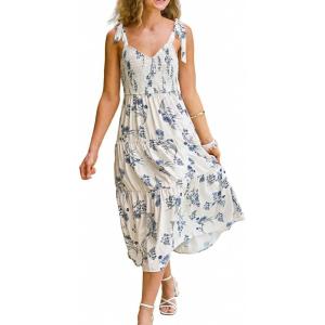 CUPSHE Women’s Boho Floral Midi Dress Tie Shoulder Sleeveless Smocked Sundress Flowy Summer Beach Wedding Guest Dress(White Blue)