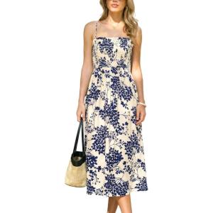 CUPSHE Women’s Floral Smocked Midi Dress Sleeveless Spaghetti Strap Boho Flowy A Line Spring Summer Beach Long Dresses(Blue)