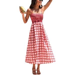 CUPSHE Women’s Summer Boho Floral Maxi Dress Spaghetti Strap Smocked Pleated Cami Sundress Beach Vacation Flowy Long Dress(Pink)