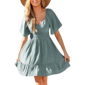 CUPSHE Women’s Summer Dresses 100% Cotton Ruffle Short Sleeve Square Neck Empire Waist A Line Mini Dress(Sage Green)