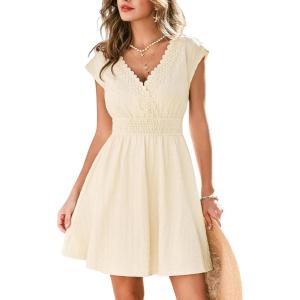 CUPSHE Women’s Summer Dresses Boho V Neck Sleeveless Textured A Line Smocked Swing Beach Mini Dress(Beige)