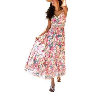 CUPSHE Women’s Summer Dresses Floral Adjustable Spaghetti Strap V Neck Smocked Beach Vacation Flowy Maxi Dress(Pink)