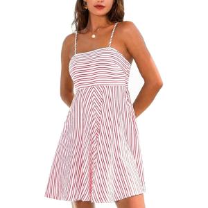 CUPSHE Womens Summer Dresses Smocked Sleeveless Square Neck Striped Mini Dress with Pockets(Red Striped)