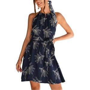 CUPSHE Women’s Summer Dresses Tropical Floral Halter Tie Back Self Tie Belt Sleeveless Casual Beach Mini Dress(Navy)