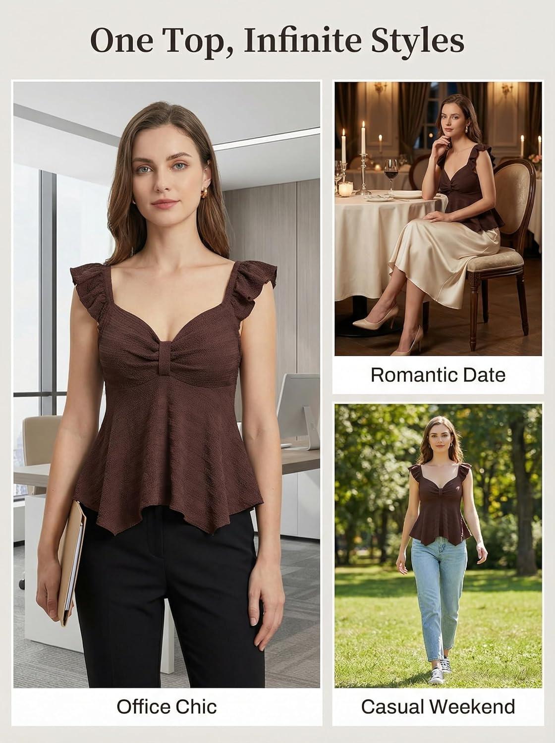 imageCUPSHE Womens Going Out Tank Tops Summer Sweetheart Neck Cute Ruffle Sleeve Babydoll Peplum TopBrown
