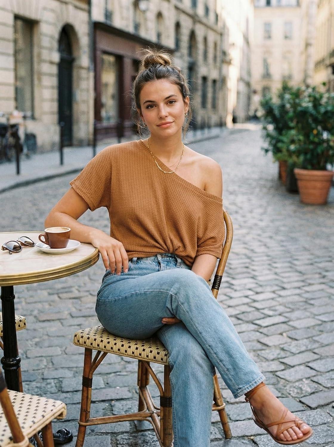 imageCUPSHE Womens One Shoulder Tops Ribbed Knit Cute Blouse Trendy Summer Short Sleeve Sexy Twist Knot TeeBrown