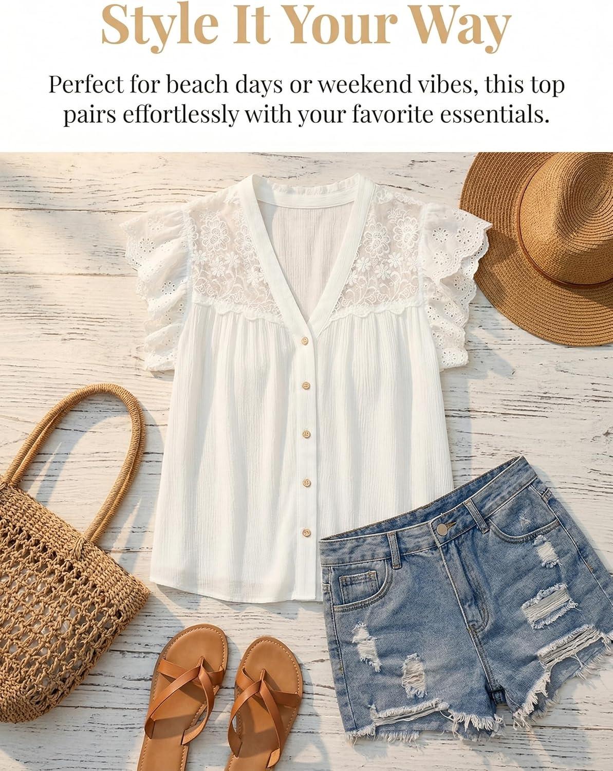 imageCUPSHE Womens Ruffle Sleeve Lace Shirts V Neck Button Down Crochet Blouses Spring Summer Dressy Casual Tops 2026White