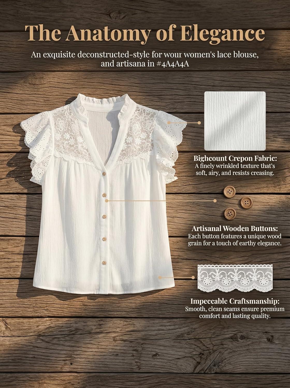 imageCUPSHE Womens Ruffle Sleeve Lace Shirts V Neck Button Down Crochet Blouses Spring Summer Dressy Casual Tops 2026White