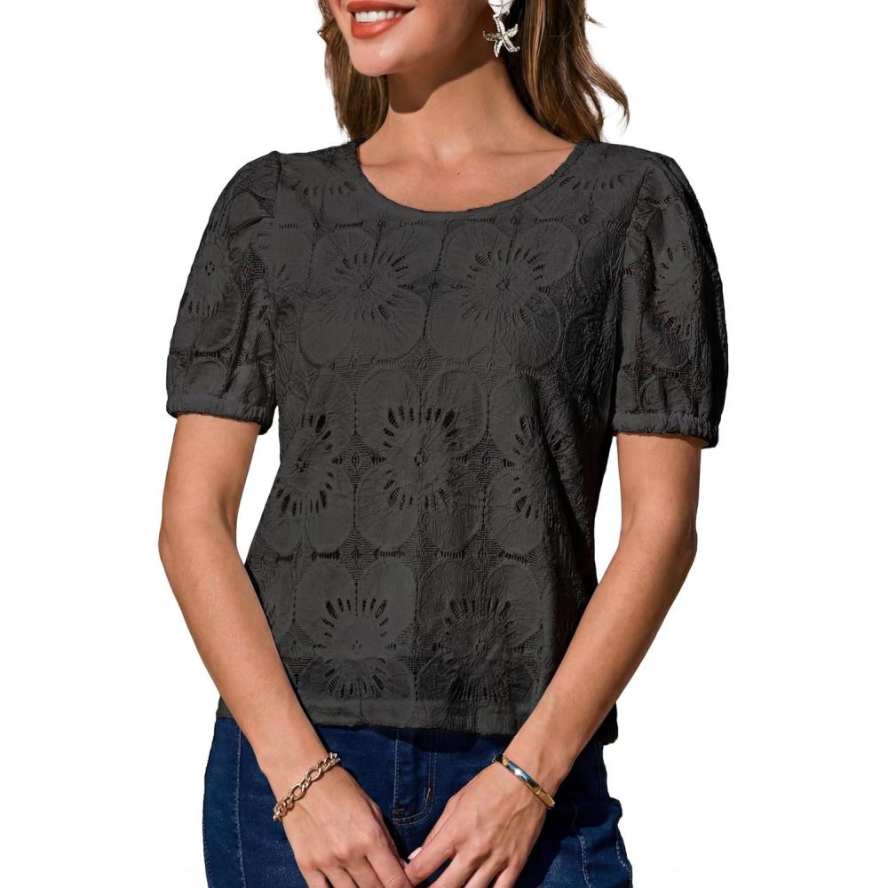 imageCUPSHE Blouses for Women 2026 Eyelet Hollow Out Crochet Embroidered Short Sleeve Crewneck Shirts Flower Lace Tops DressyBlack