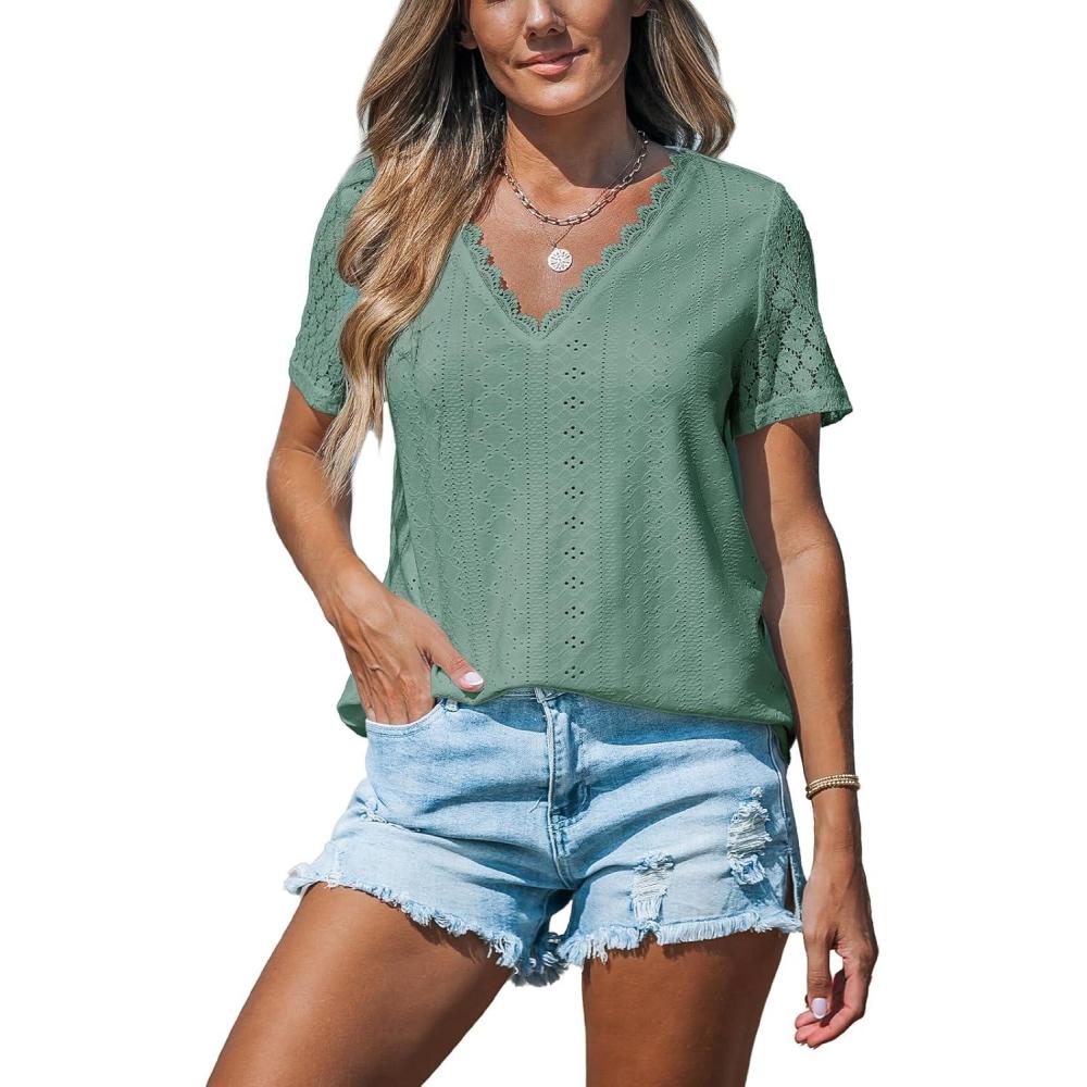 imageCUPSHE Eyelet Tops for Women Summer Short Sleeve Blouse Scalloped Lace V Neck Casual Loose Fashion Shirts DressyGreen