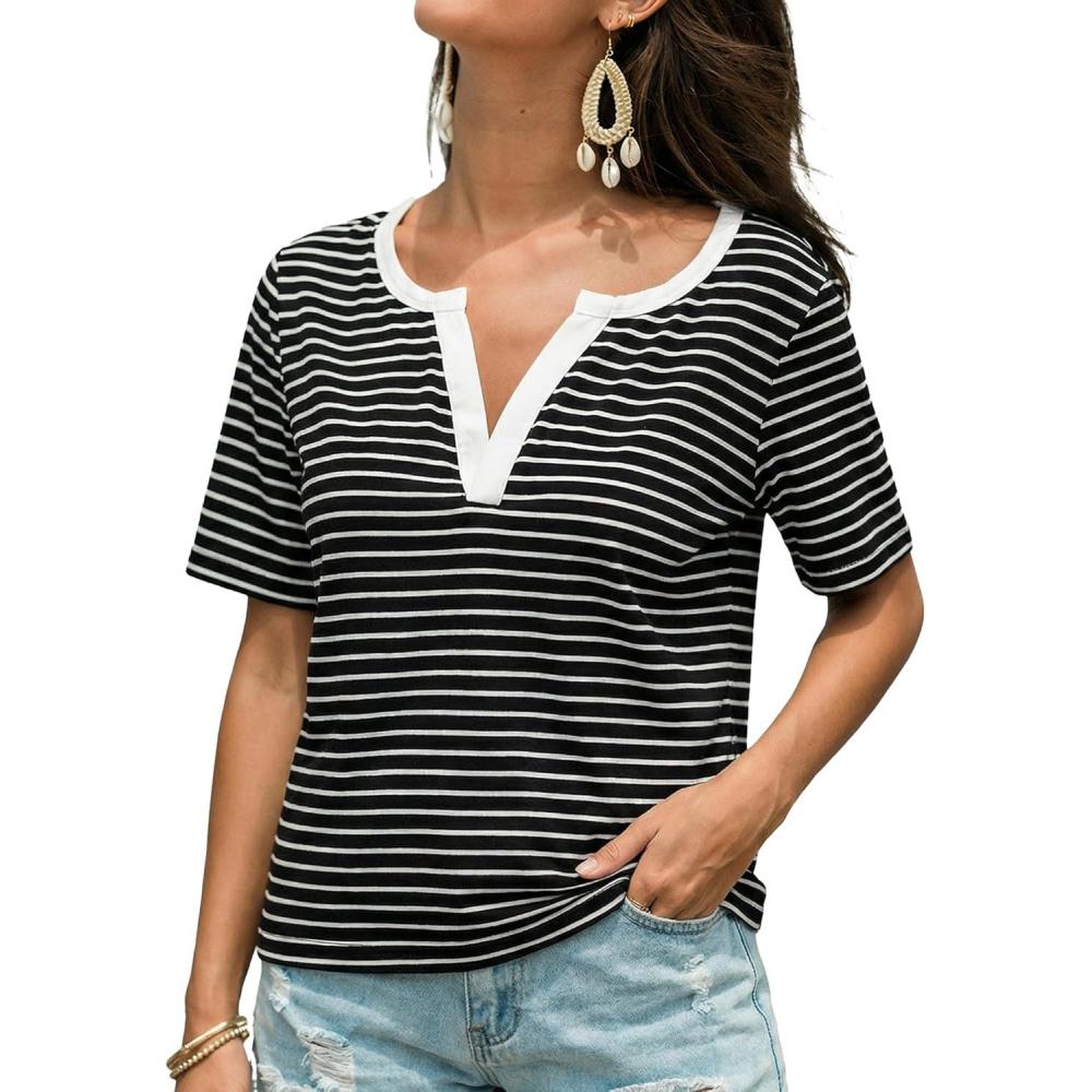imageCUPSHE Womens Striped Shirt Short Sleeve Color Block Tops Notched Neck Summer TeeBlack