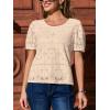 CUPSHE Blouses for Women 2026 Eyelet Hollow Out Crochet Embroidered Short Sleeve Crewneck Shirts Flower Lace Tops Dressy(Apricot)