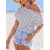 CUPSHE Off The Shoulder Tops for Women 2026 Going Out Short Sleeve Summer Striped Tops Boat Neck Loose T Shirt(Navy)