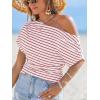 CUPSHE Off The Shoulder Tops for Women 2026 Going Out Short Sleeve Summer Striped Tops Boat Neck Loose T Shirt(Red)