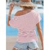 CUPSHE Off The Shoulder Tops for Women 2026 Going Out Short Sleeve Summer Striped Tops Boat Neck Loose T Shirt(Red)