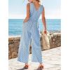 CUPSHE Summer Sleeveless Jumpsuits for Women Dressy Button Down Printed V Neck Wide Leg Jumpsuit with Pockets Vacation(Blue)