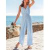 CUPSHE Summer Sleeveless Jumpsuits for Women Dressy Button Down Printed V Neck Wide Leg Jumpsuit with Pockets Vacation(Blue)