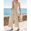 CUPSHE Summer Sleeveless Jumpsuits for Women Dressy Button Down Printed V Neck Wide Leg Jumpsuit with Pockets Vacation(Dark Beige)