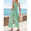 CUPSHE Summer Sleeveless Jumpsuits for Women Dressy Button Down Printed V Neck Wide Leg Jumpsuit with Pockets Vacation(Green)