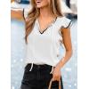 CUPSHE Women’s Ruffle Sleeve Tops Contrast Trim Flutter Texture V Neck Summer Cute Casual T-Shirt(White)