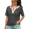 CUPSHE Women’s Striped Shirt Short Sleeve Color Block Tops Notched Neck Summer Tee(Black)